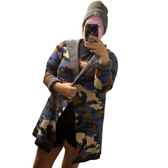CYRUS Gray Black Camo Hooded Knit Open Front Long Sleeve Women's Cardigan Size L - Picture 2 of 7